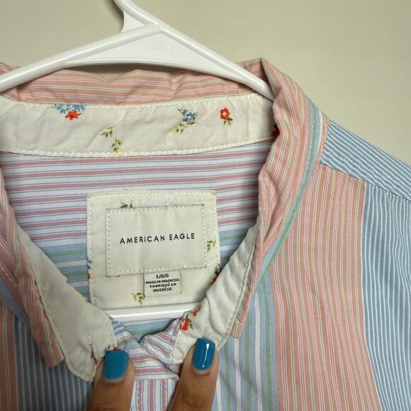 American Eagle Womens Button Up Top Large Colorful Patchwork Stripes Boxy Pastel - Picture 4 of 7